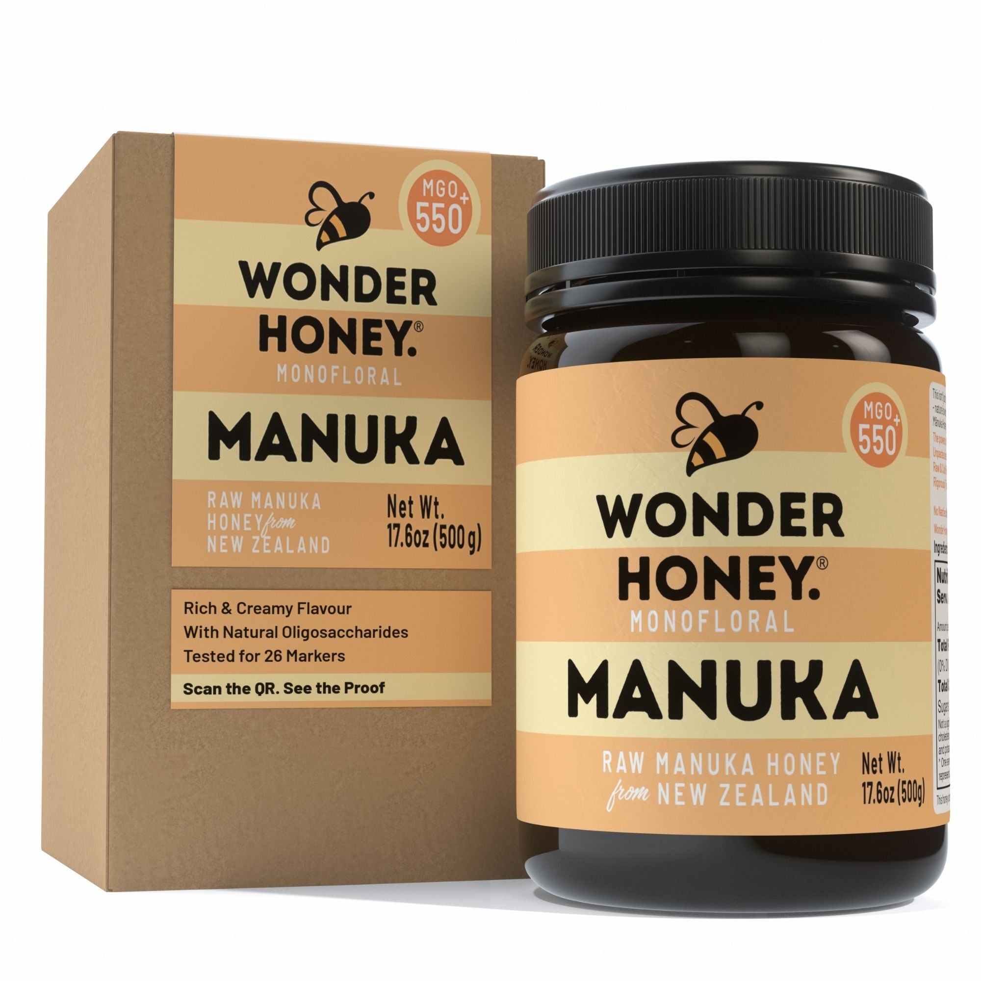 Wonder Honey Manuka honey jar and packaging on a white background