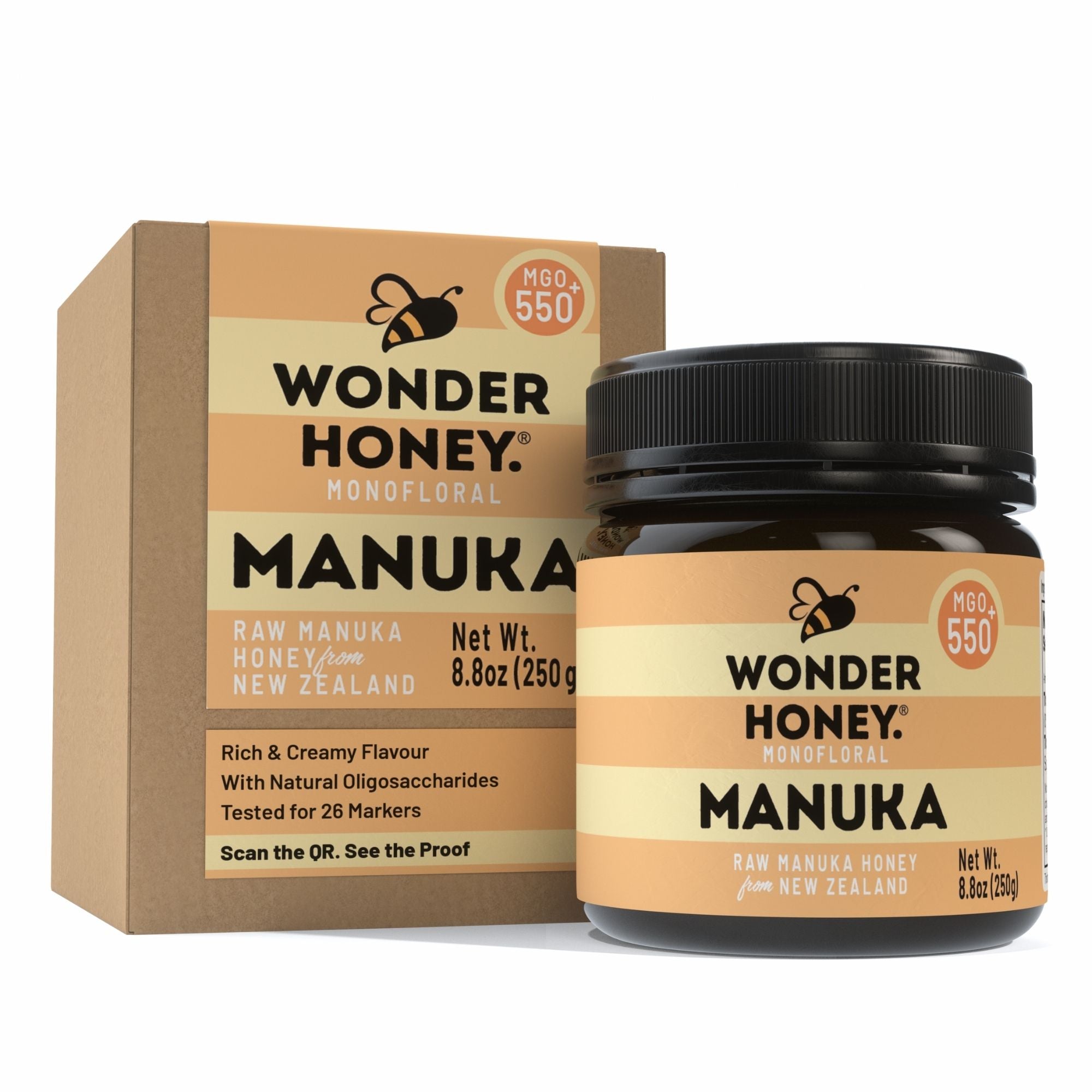 Wonder Honey Manuka honey jar and packaging on a white background