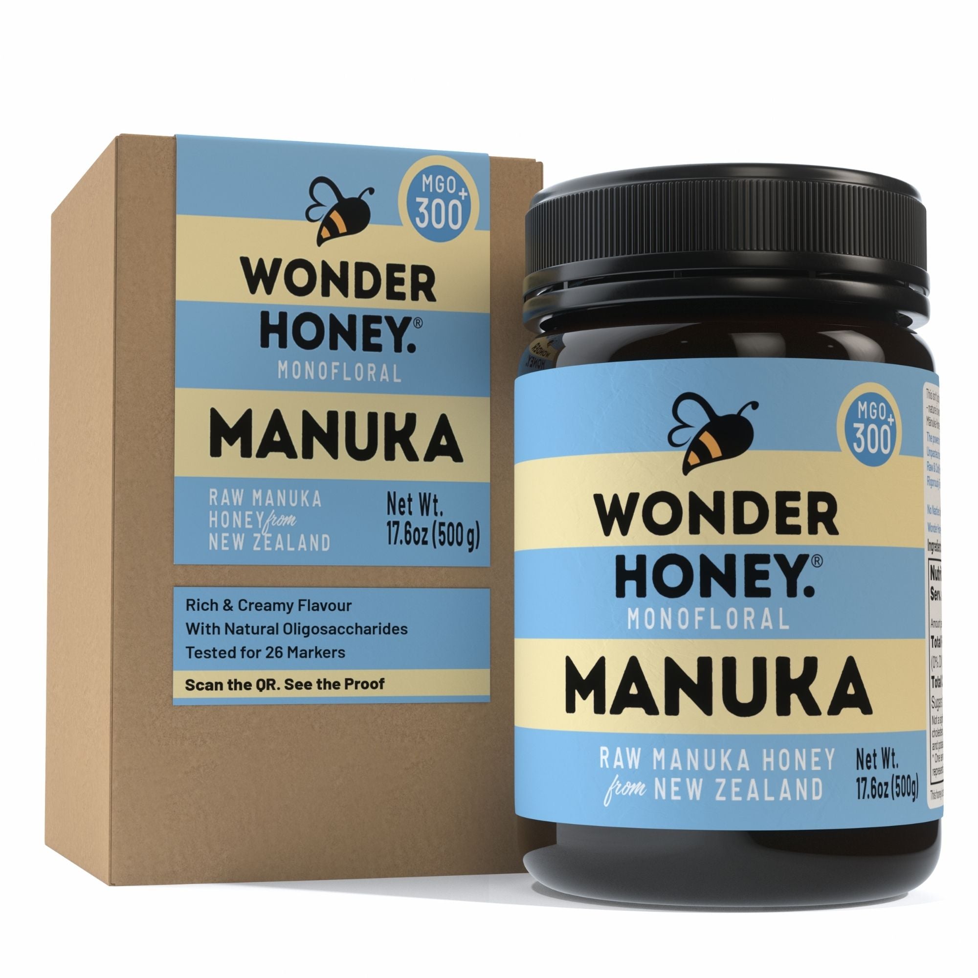 Wonder Honey Manuka honey jar and packaging on a white background