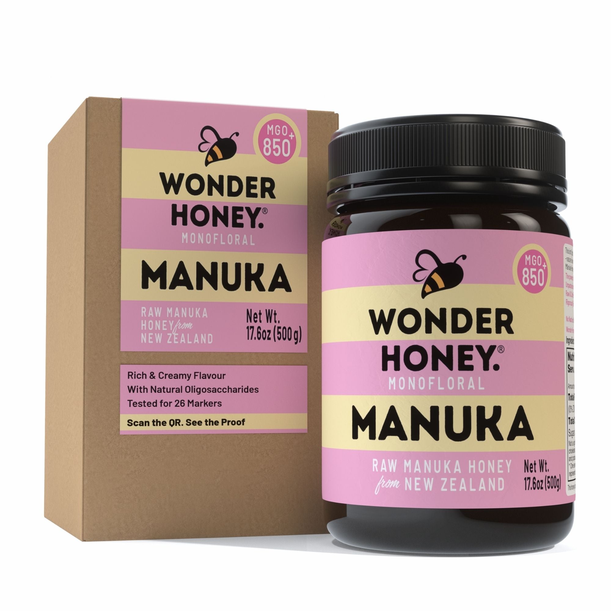 Wonder Honey Manuka honey jar and packaging on a white background