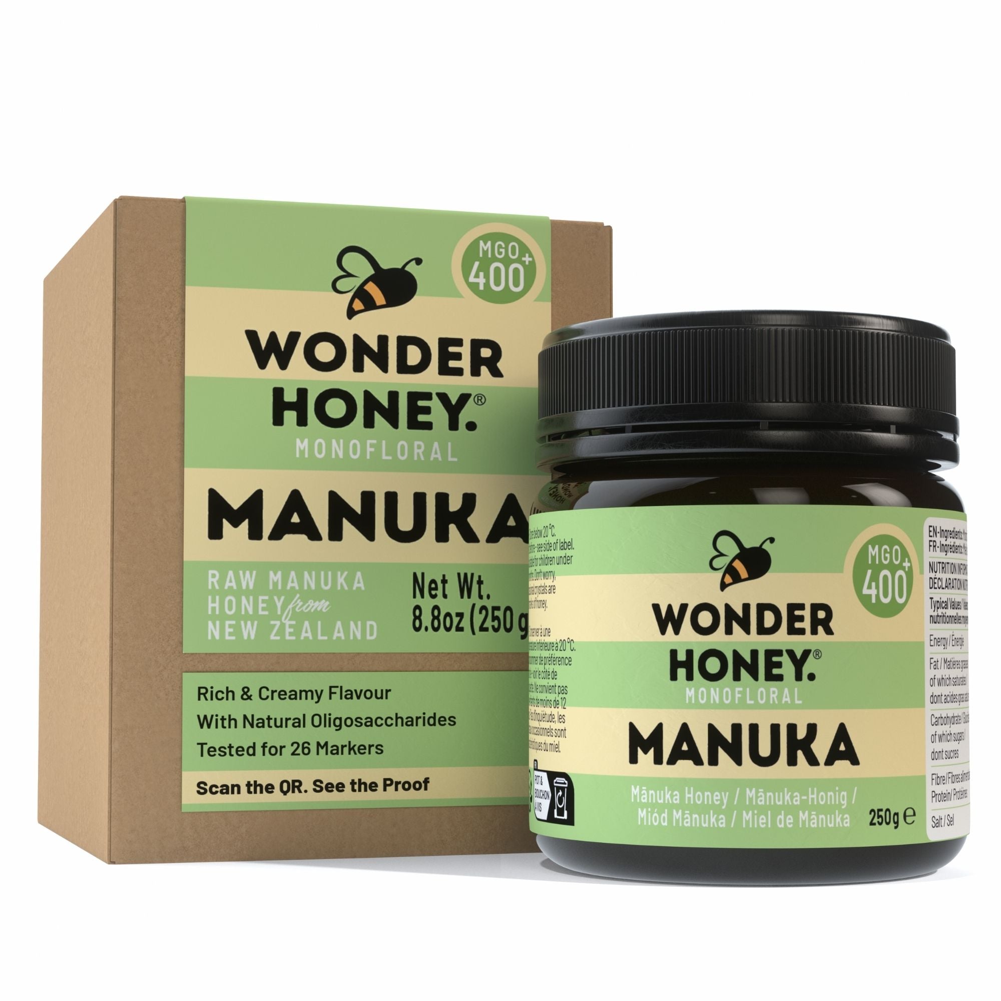 Wonder Honey Manuka honey jar and packaging on a white background