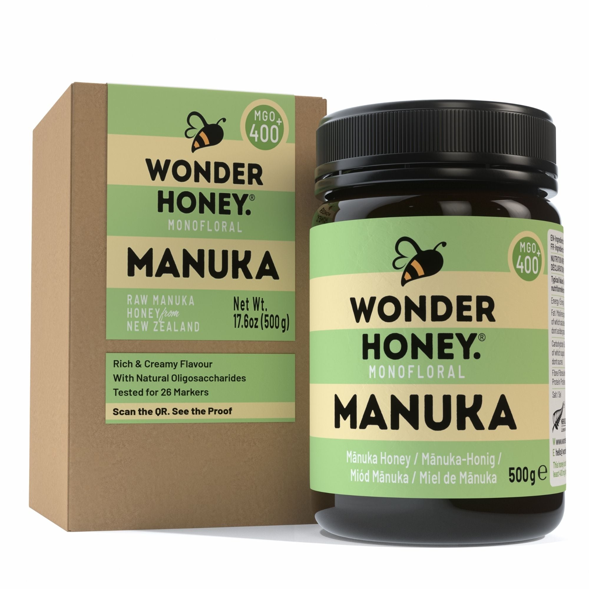 Wonder Honey Manuka honey jar and packaging on a white background