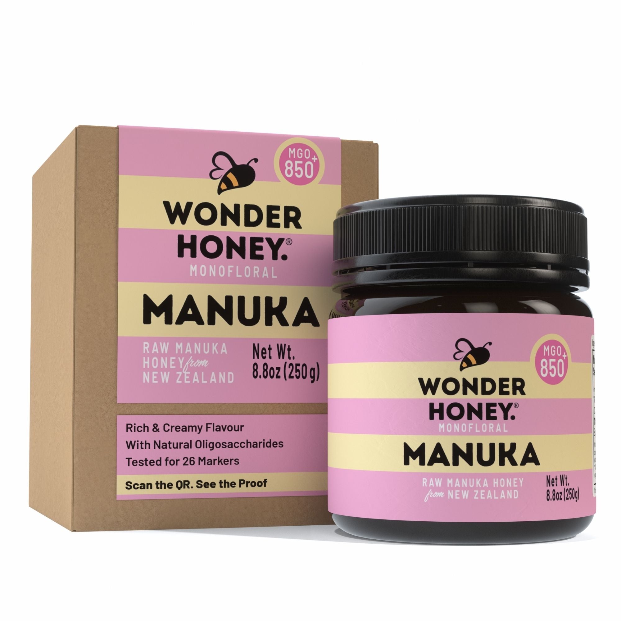 Wonder Honey Manuka honey jar and packaging on a white background