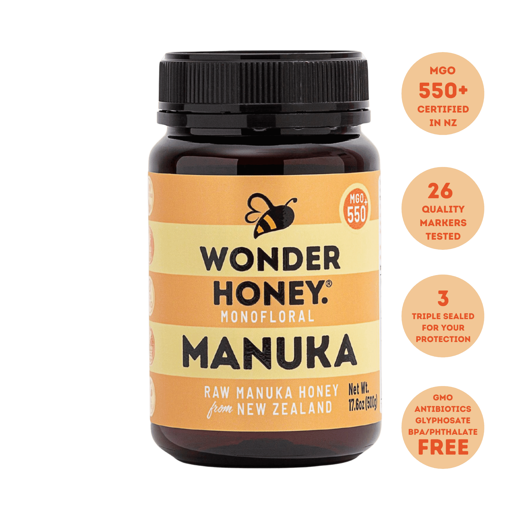 MGO 550+ NZ Raw Manuka honung - ren, certifierad, GMO och sprayfri (500 g/17,6 oz)