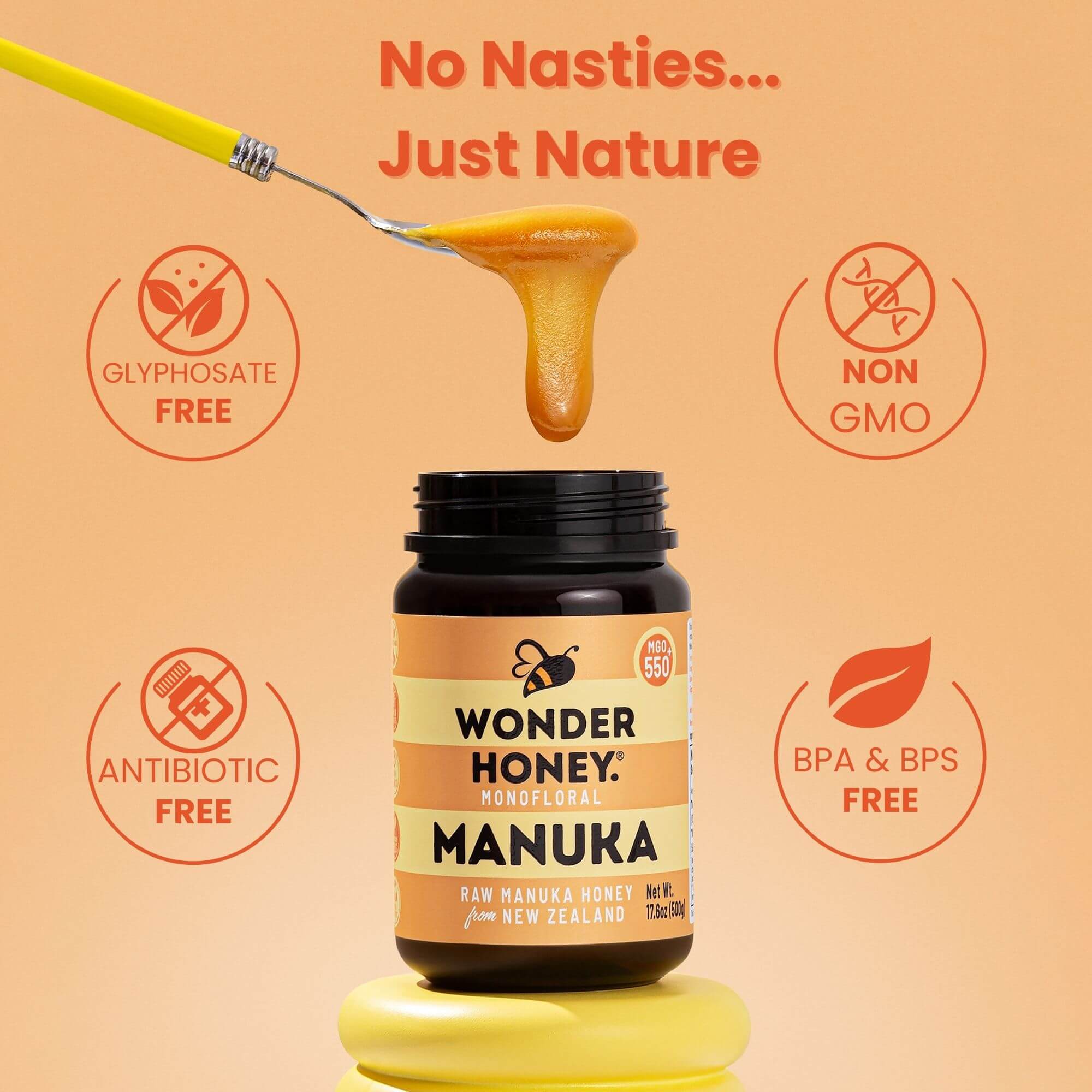 MGO 550+ NZ Raw Manuka Honey - Tulen, Disahkan, GMO &amp; Tanpa Semburan (500g/17.6oz)