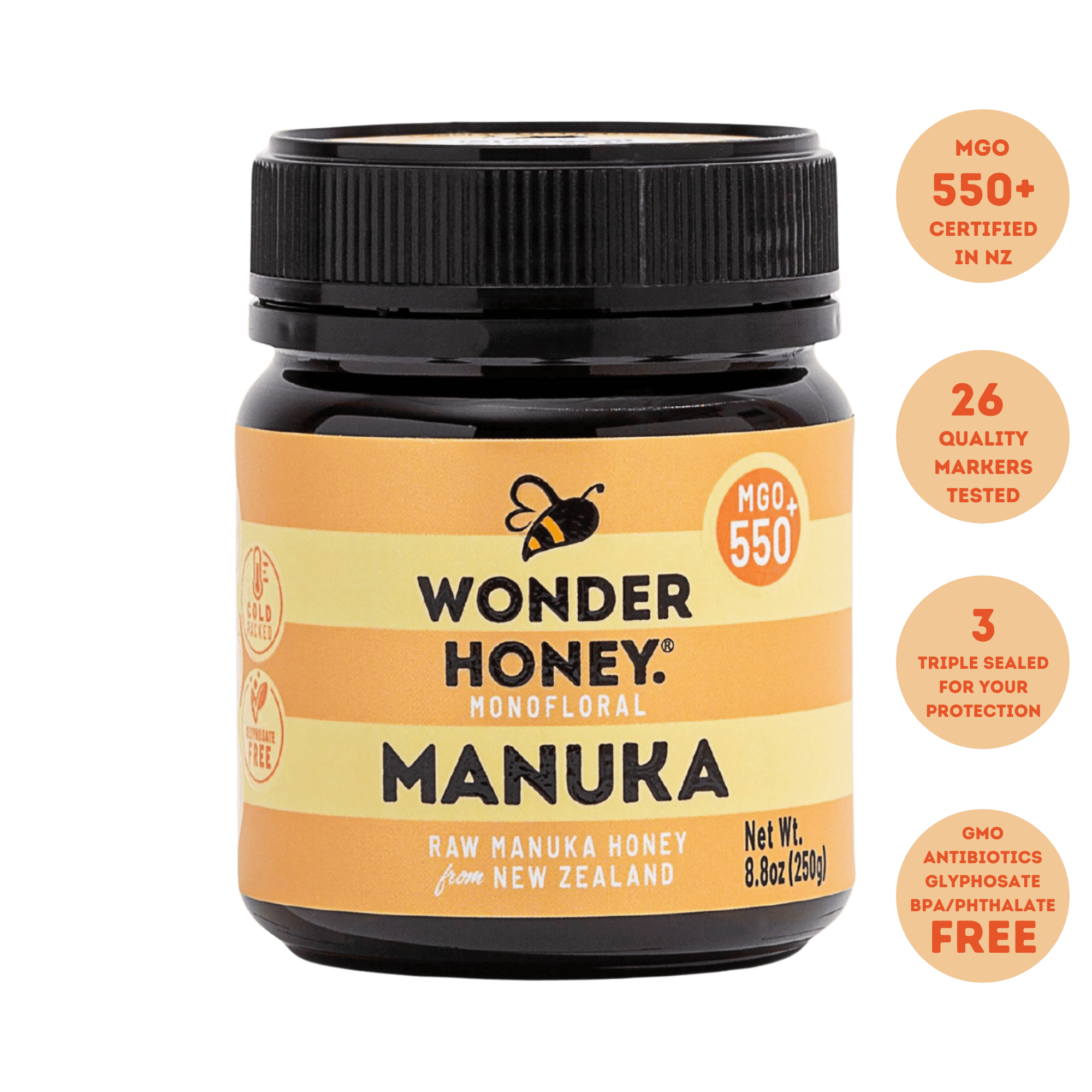 MGO 550+ NZ Raw Manuka Honey - Tulen, Disahkan, GMO &amp; Tanpa Semburan (250g/8.8oz)