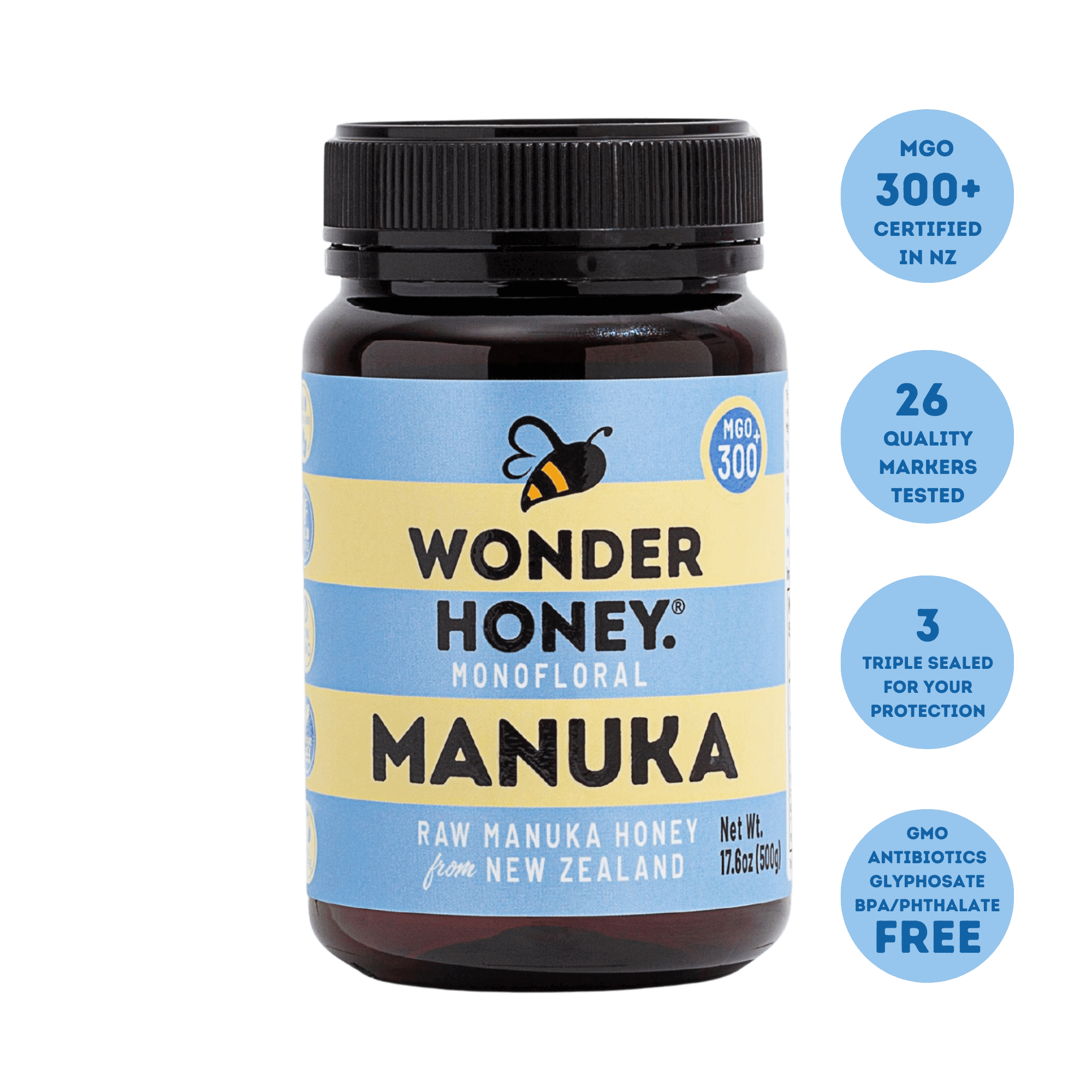 MGO 300+ NZ Raw Manuka Honey - Pure, Certified, GMO & Spray Free (500g/17.6oz)