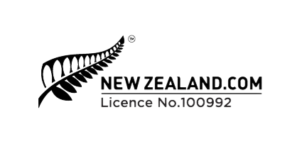 Black and white logo of New Zealand with a fern design and text 'NEW ZEALAND.COM' and 'Licence No.100992'.
