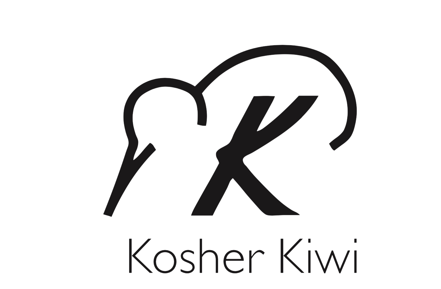 Black logo of 'Kosher Kiwi' with a kiwi bird silhouette on a white background